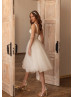 Ivory Satin Tulle Midi Length Exquisite Wedding Dress
